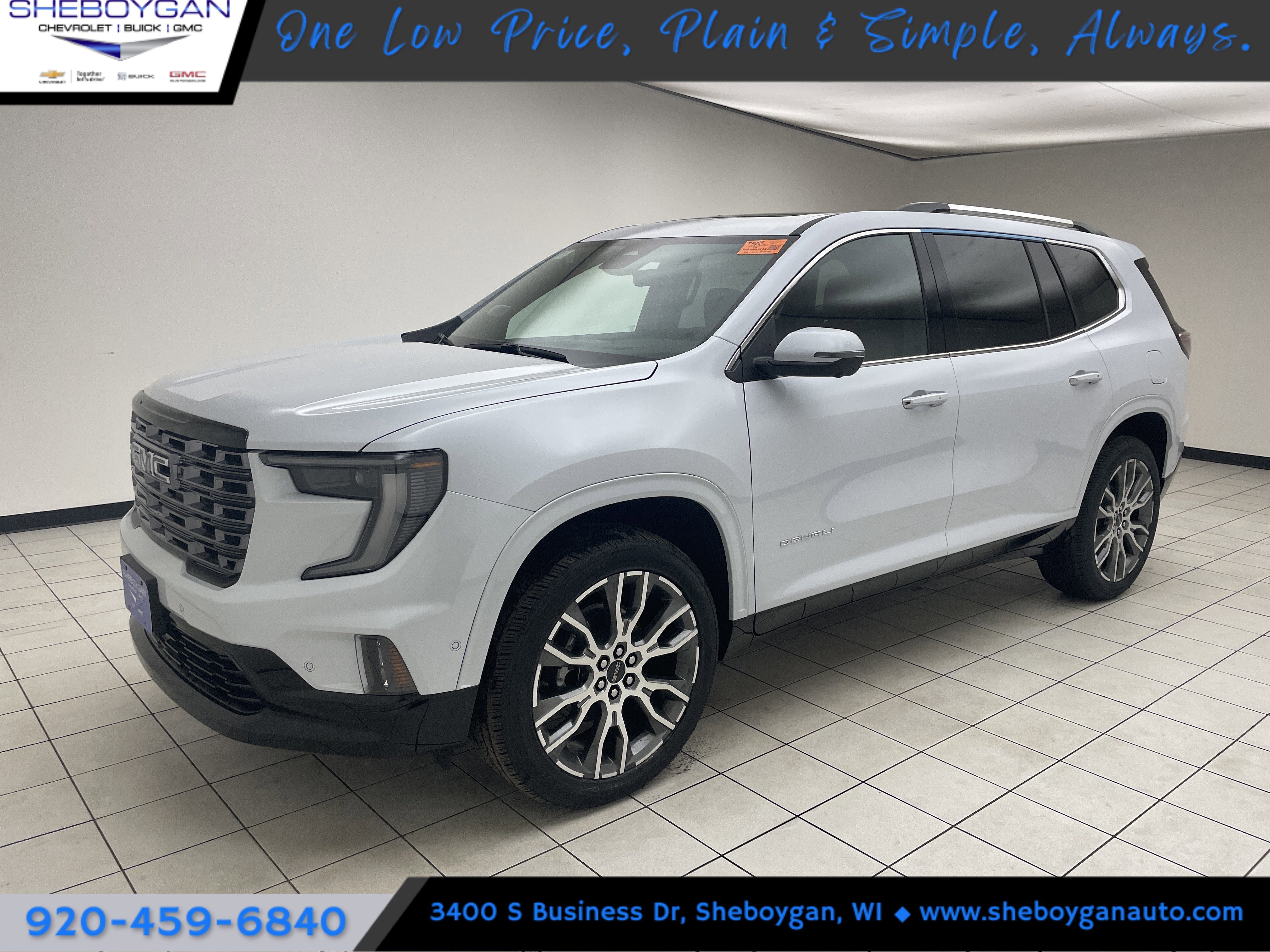 2026 GMC Acadia Denali Ultimate in Glacier White Tricoat — front three-quarter view